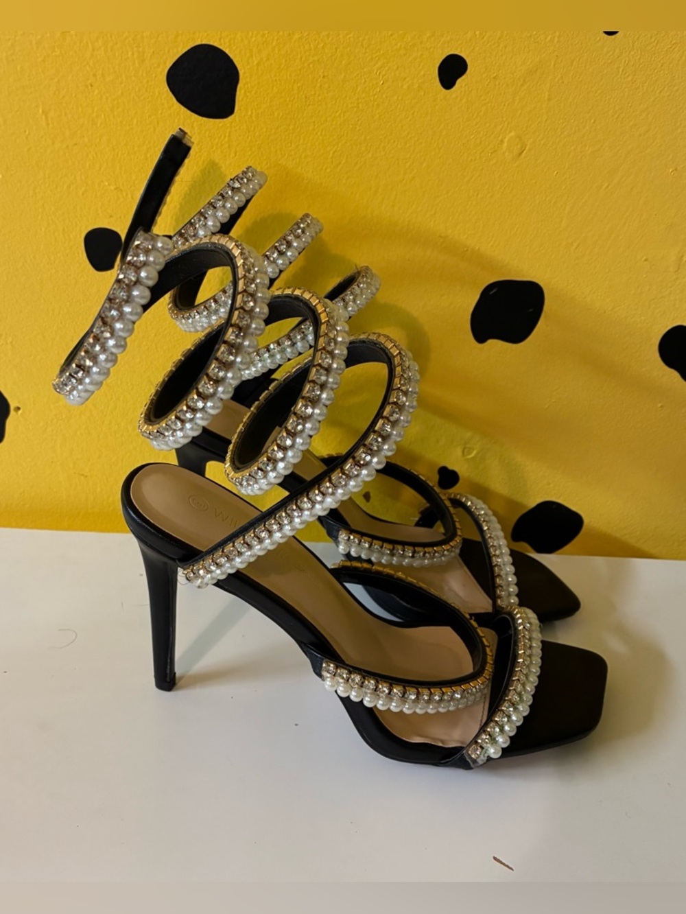 Pearl-Embellished Black Spiral Strap Stiletto Heels